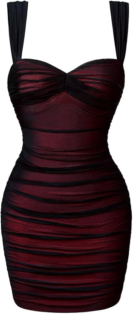 LAGSHIAN Women's Summer Sexy Bodycon Sleeveless Tank Straps Mesh Ruched Mini Party Dress | Amazon (US)