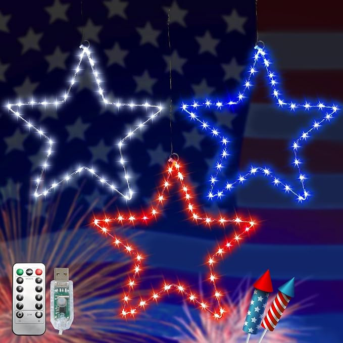 4th of July Window Lights, 3 Packs 50 Led Red White and Blue Iron Frame Star Patriotic Lights, Wi... | Amazon (US)