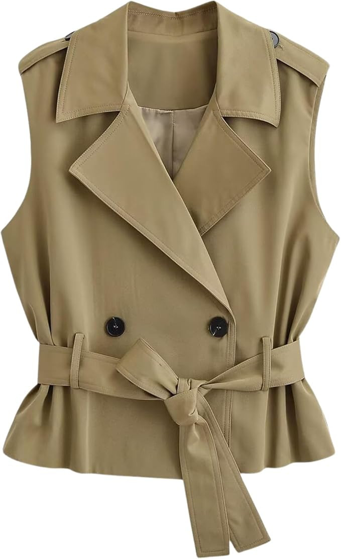 Chevara Women’s Sleeveless Trench Vest Casual Lapel Collar Double Breasted Belted Waistcoat Spr... | Amazon (US)
