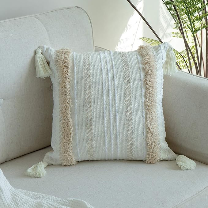 blue page Boho Throw Pillow Covers 18x18 Neutral Tufted Decorative Pillows Cover for Bed, Square ... | Amazon (US)