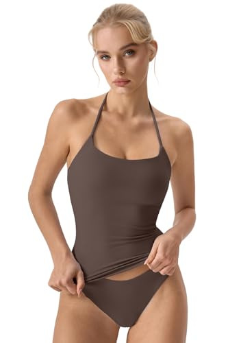 QINSEN Self Tie Halter Neck Basic Shirts for Womens Double Lined Slimming Fit Going Out Sleeveles... | Amazon (US)