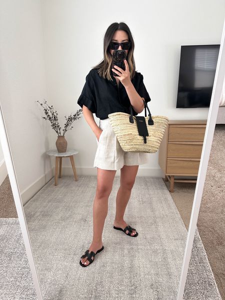 Polished summer outfits. Elevated summer to fall outfit ideas. These are the best shorts!!!

Jcrew shirt small. I sized up. On sale!
Banana Republic shorts petite 0
Hermes Oran sandals 35
Paris 64 tote 
YSL sunglasses 

Fall outfits, fall style, petite style 


