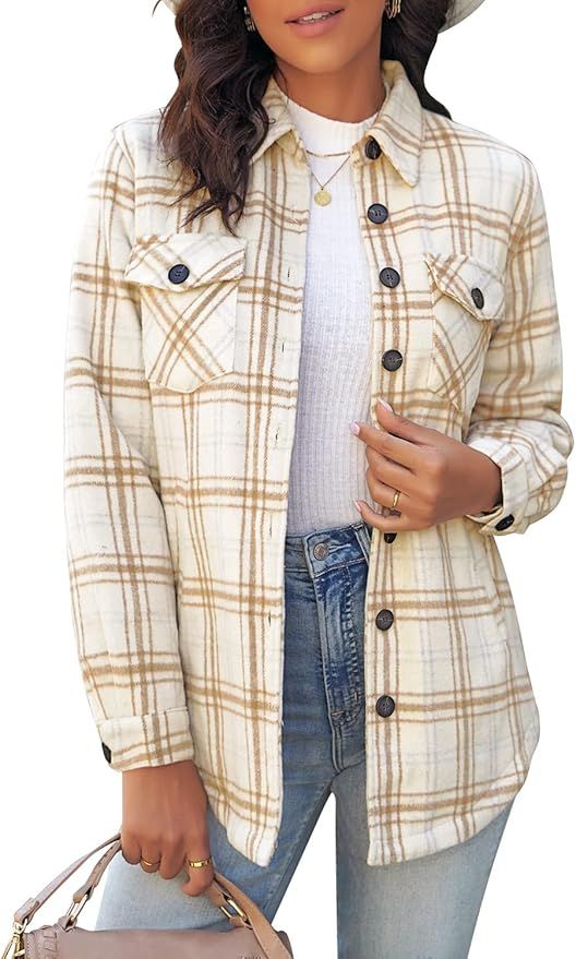 luvamia Plaid Jackets for Women Flannel Quilted Shacket Coats Oversized Button Down Shirts Jacket | Amazon (US)