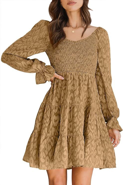 ANRABESS Women's Rounded V Neck Puff Long Sleeve Smocked Ruffle Flowy A-Line Tiered Babydoll Shor... | Amazon (US)