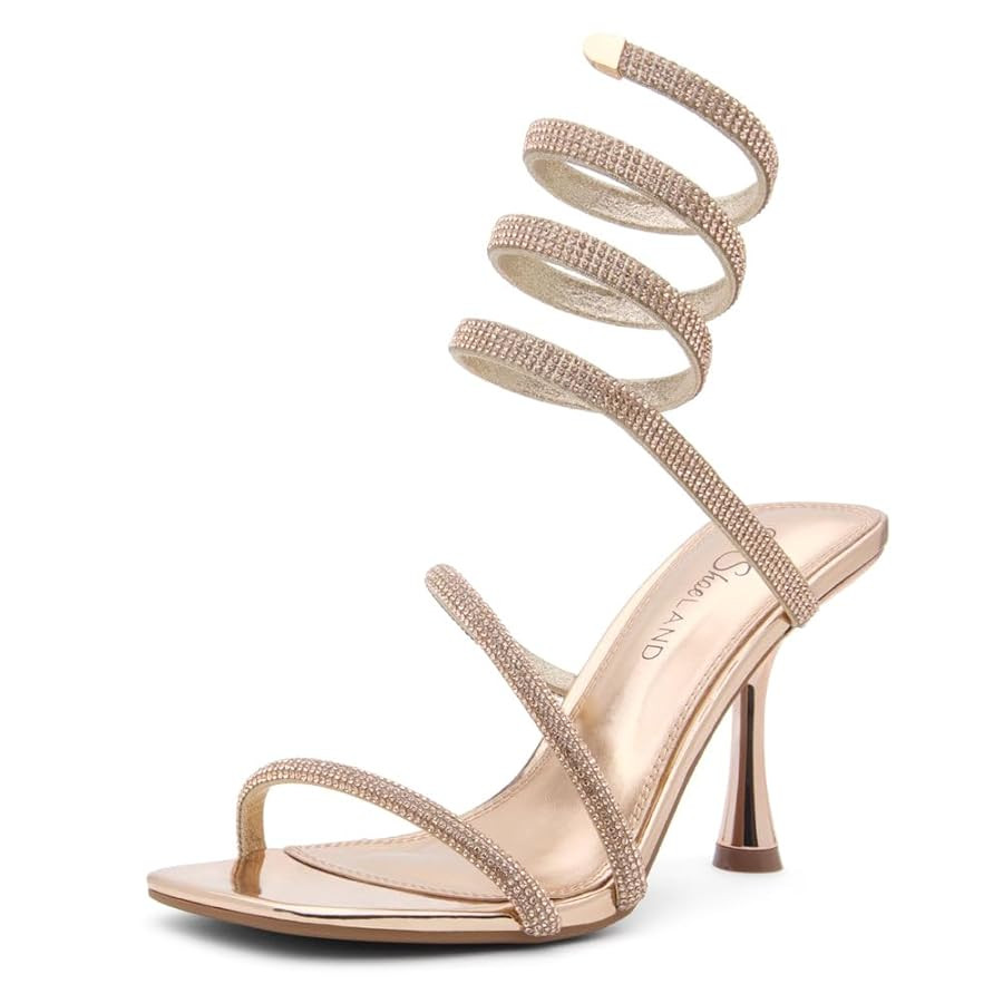 Shoe Land Charming2 Women's Rhinestone Heels, Square Open Toe High Stilettos with Spiral Ankle Wr... | Amazon (US)