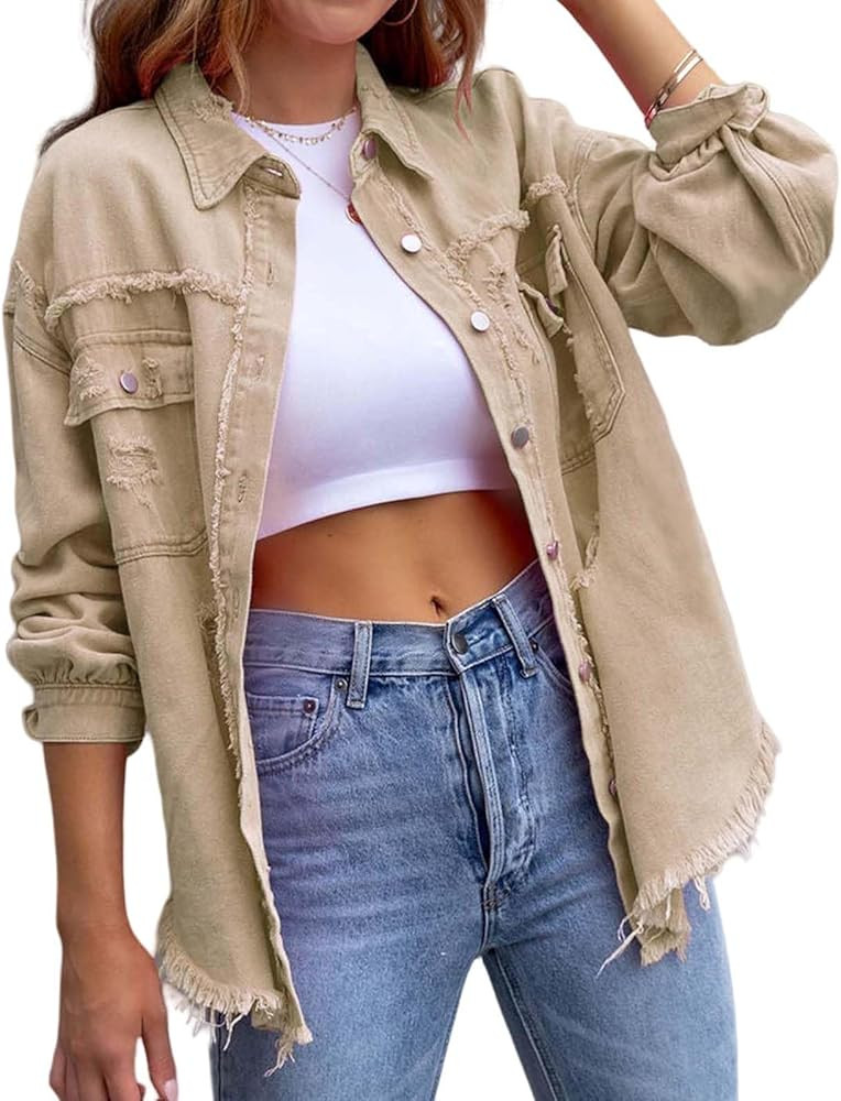 Women's Button Down Oversized Denim Jackets Ripped Frayed Shacket Jean Coat Distressed Shirts wit... | Amazon (US)