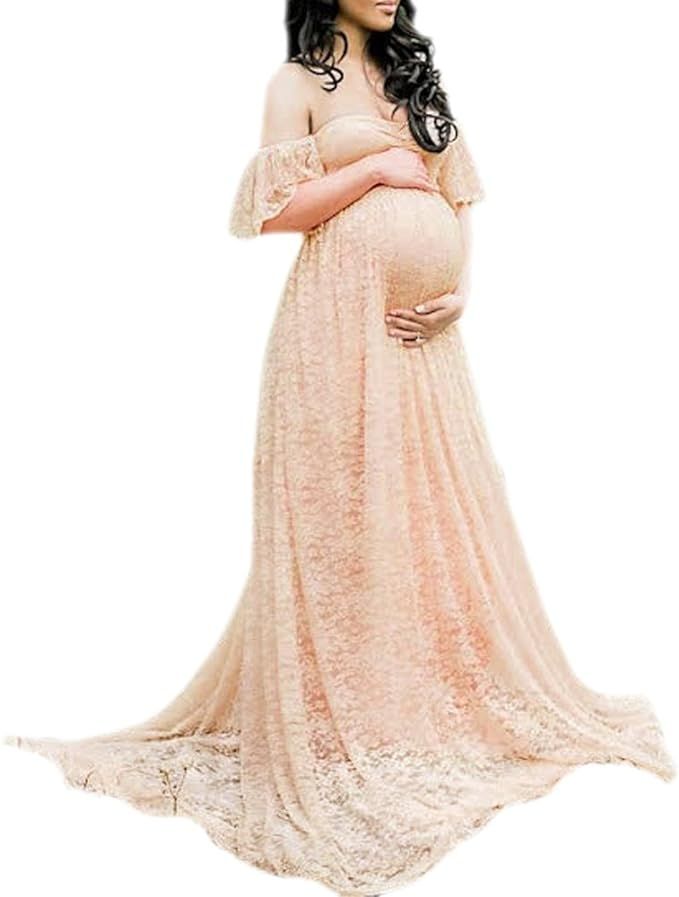 MS Mouse Womens Off Shoulder Lace Overlay Photography Gown Maternity Maxi Dress | Amazon (US)