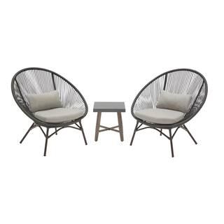 Dark Gray 3-Piece Steel Papasan Rope Outdoor Patio Conversation Seating Set with Gray Cushion | The Home Depot