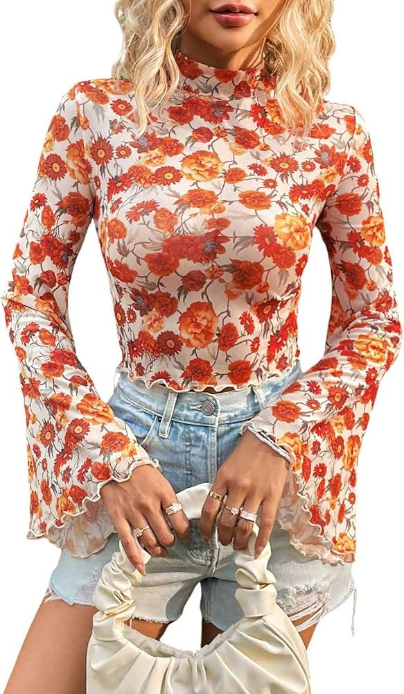 GORGLITTER Women's Floral Print Bell Long Sleeve Crop Blouse 70s Sheer Mesh Mock Neck Shirt Crop ... | Amazon (US)