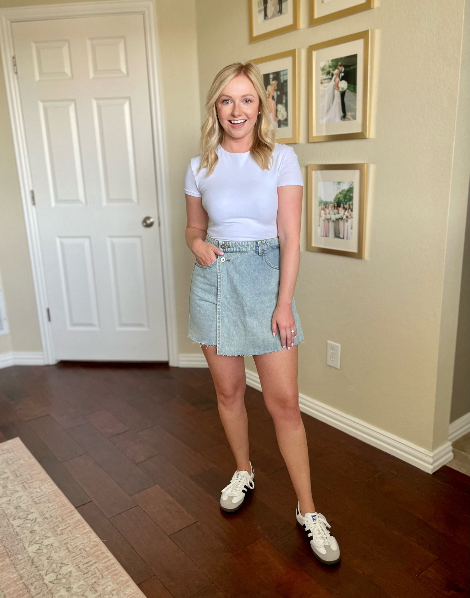 Wearing a S in skort | denim skort, fall outfit, adidas sneakers, adidas samba #LTKBacktoSchool 

#LTKSeasonal #LTKFind