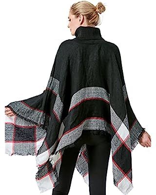 HITOP Womens Dress Ponchos, Boho Loose Tassel Plaid Poncho Turtleneck Jumper Knit Oversized Pullo... | Amazon (US)