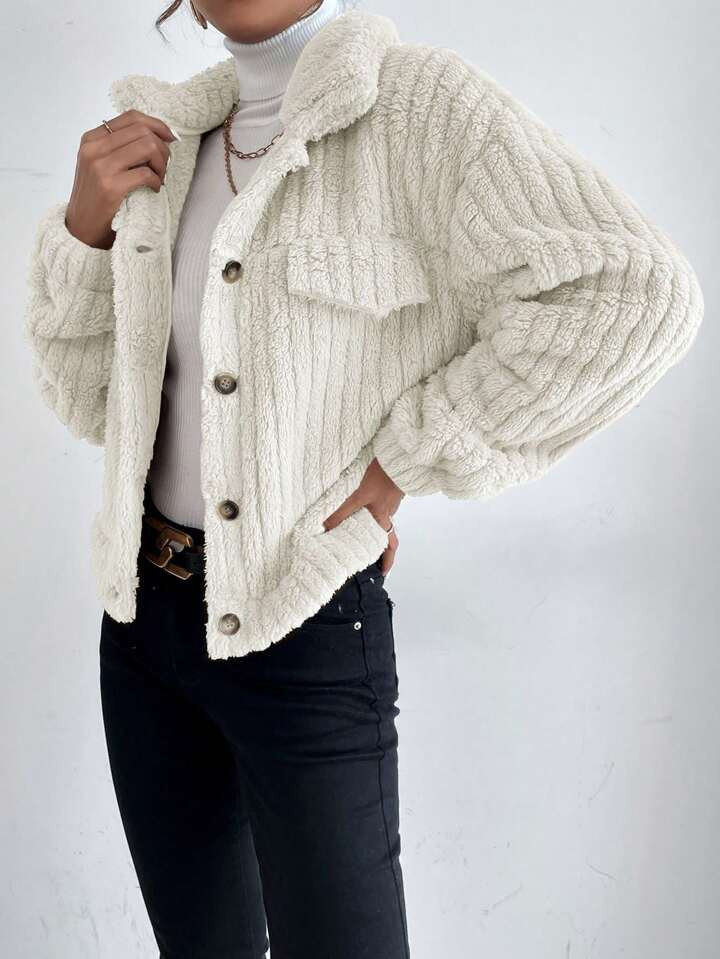 SHEIN Frenchy Drop Shoulder Button Front Flannel Jacket | SHEIN