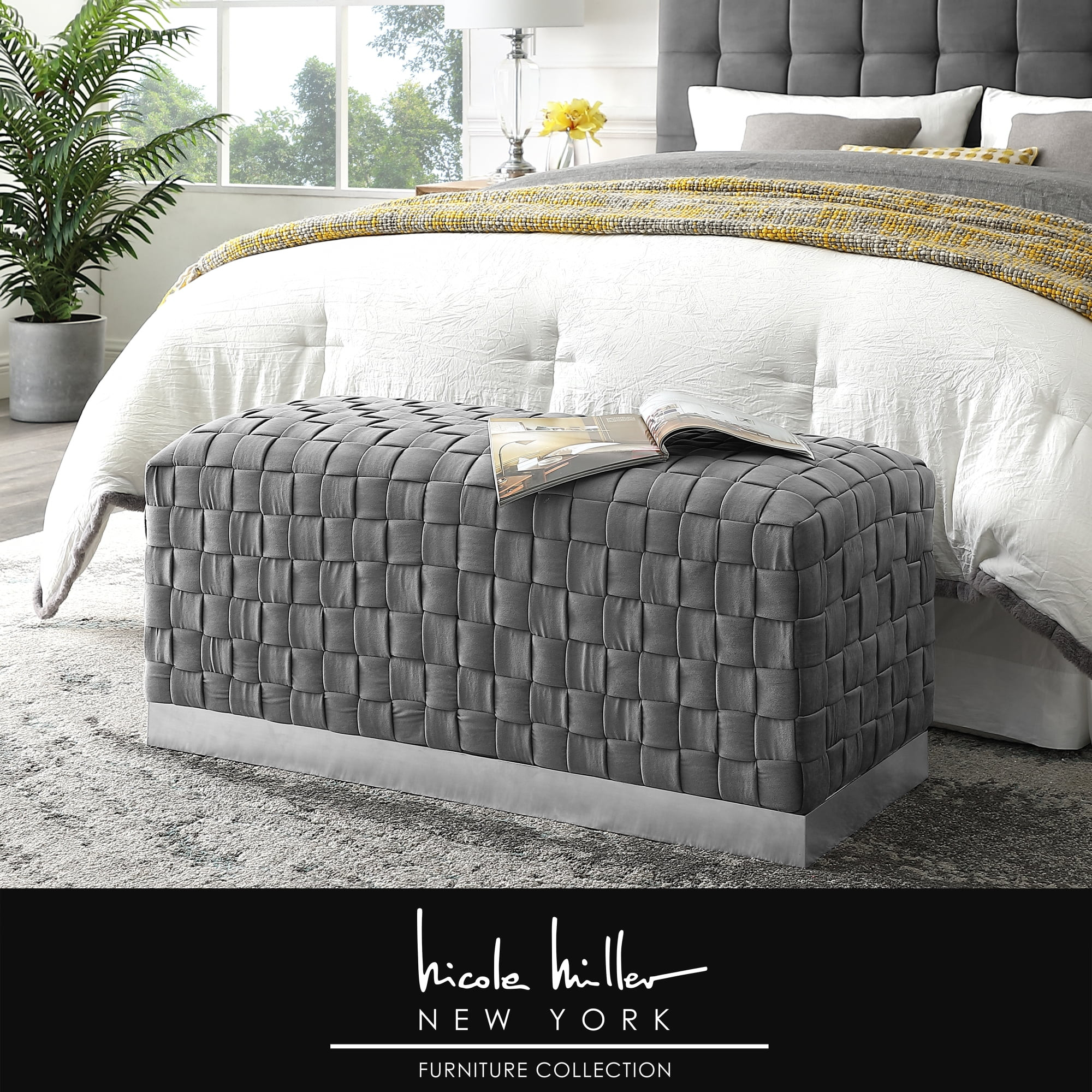 Boe Grey/Chrome Velvet Bench - Intricate Woven Pattern, Chrome Stainless Steel Base | Walmart (US)