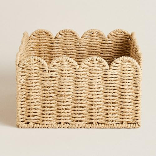 Scalloped Basket Wicker Storage Baskets: Hand Woven Storage Basket - Shelf Baskets, Decorative Rattan Storage Basket for Organizing Bedroom (Khaki, S) | Amazon (US)