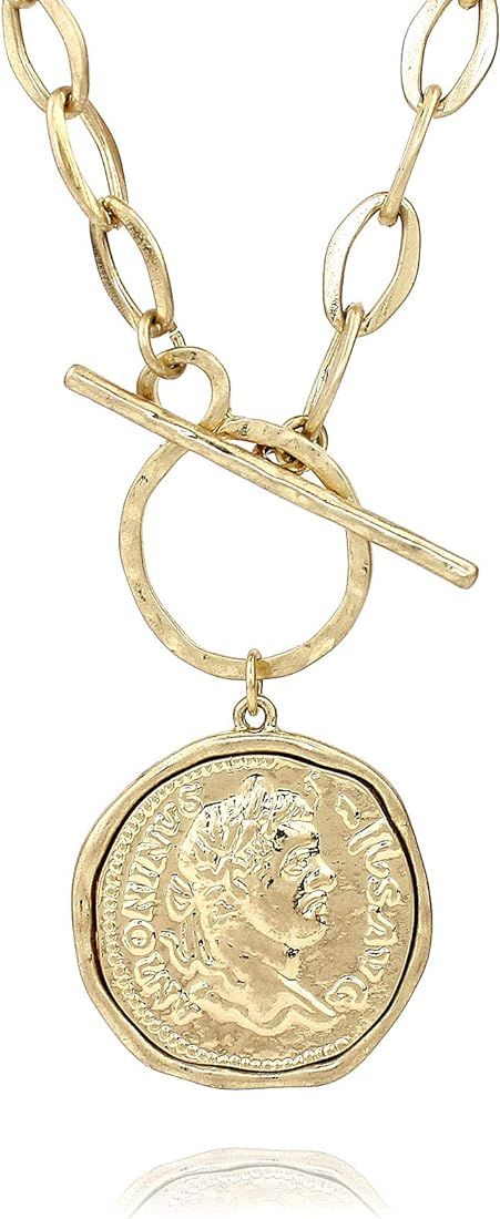 POMINA Trendy Fashion Chunky Gold Coin Necklace Thick Link Chain Medallion Roman Coin Toggle Necklac | Amazon (US)