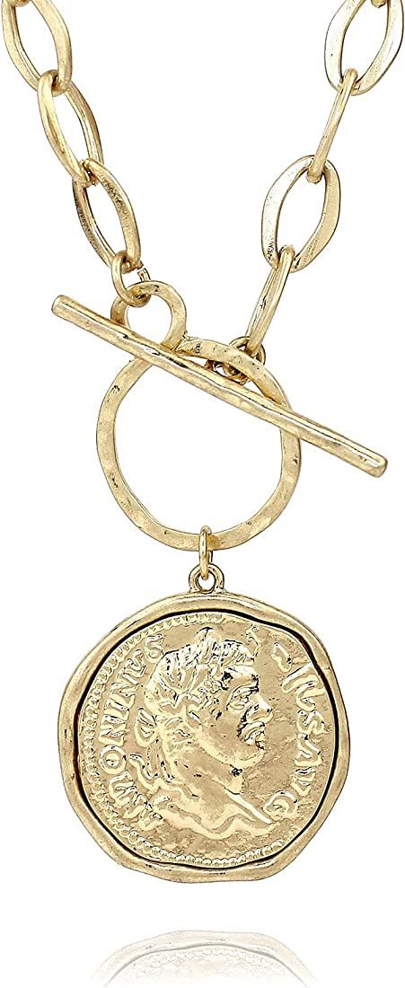 POMINA Trendy Fashion Chunky Gold Coin Necklace Thick Link Chain Medallion Roman Coin Toggle Necklac | Amazon (US)
