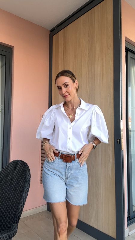 Casual dinner outfit - Mango shorts that Bella got (I’m borrowing!) and my favorite button down puff sleeve! Makes slang outfit look so cute! 

#LTKunder50 #LTKstyletip