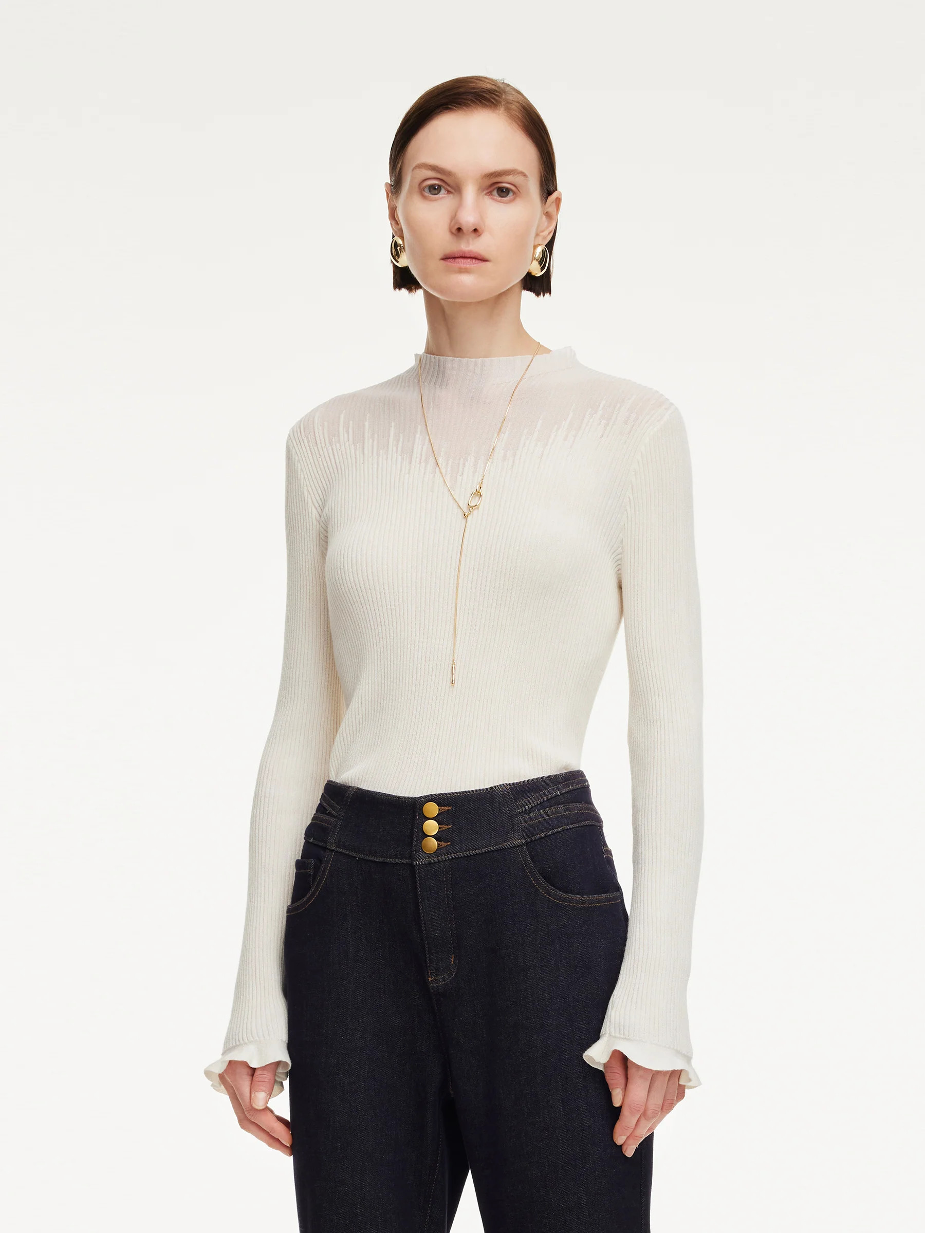 Haut en tricot pour femmes en mélange de Tencel et laine à col montant | GOELIA