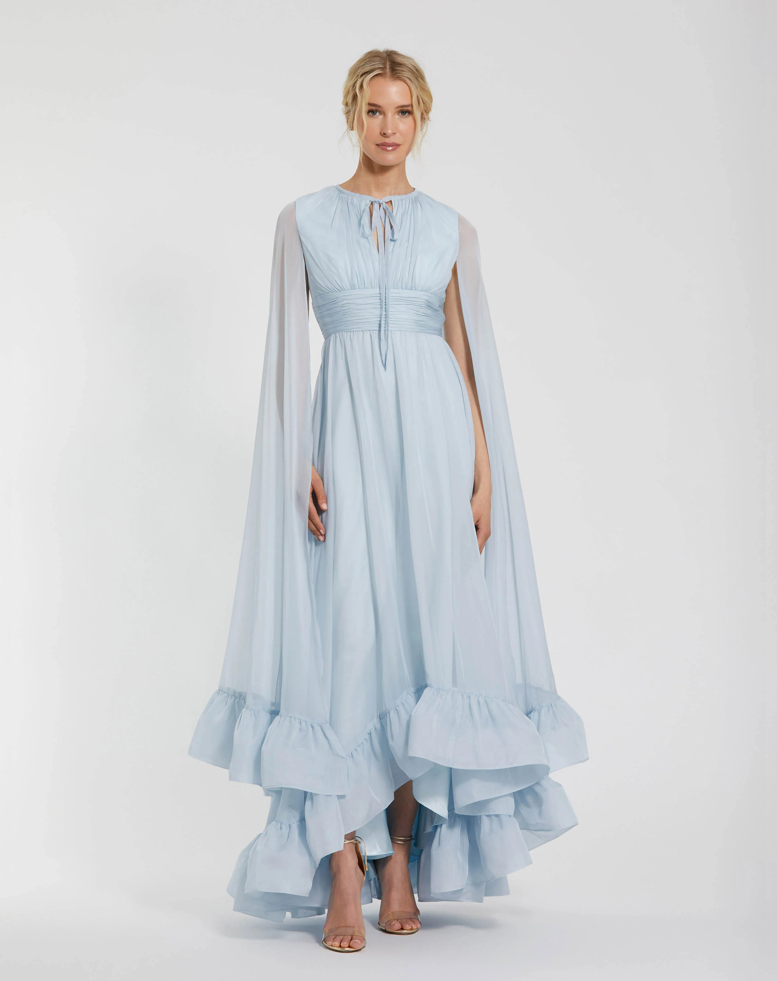 Blue Chiffon Cape Sleeve Dress With Keyhole - Mac Duggal | Mac Duggal