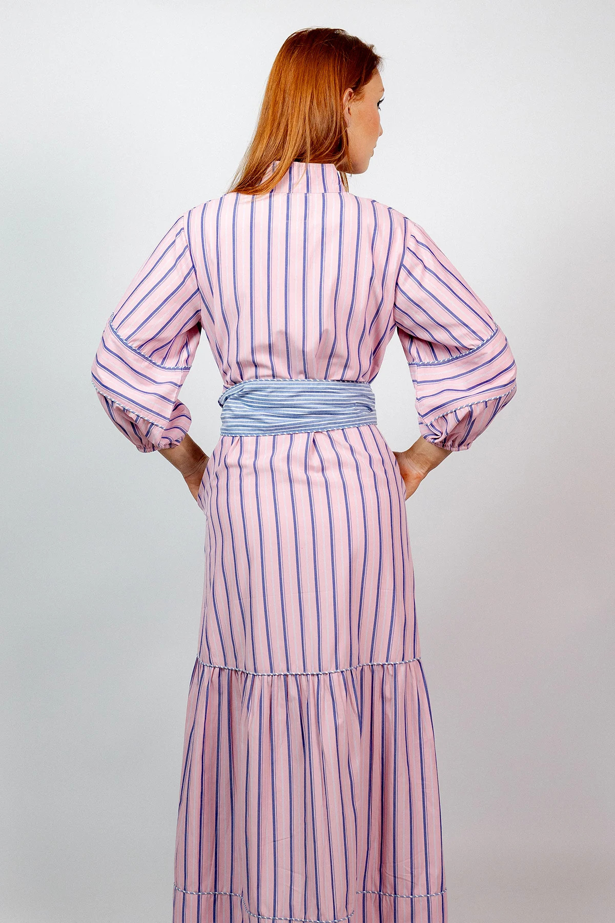 SUE SARTOR Flounce Maxi | Oxford Blue/Pink Stripe | SUE SARTOR