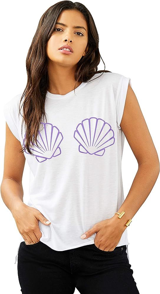 Superluxe Clothing Womens Little Mermaid Shells Flowy Rolled Cuff Muscle T-Shirt | Amazon (US)