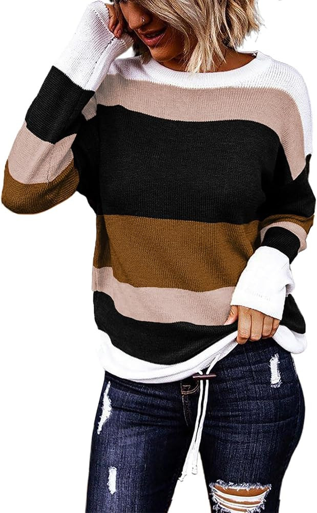 Dokotoo Womens Sweaters Striped Fall Winter Outfits 2025 Crewneck Drawstring Color Block Fashion ... | Amazon (US)