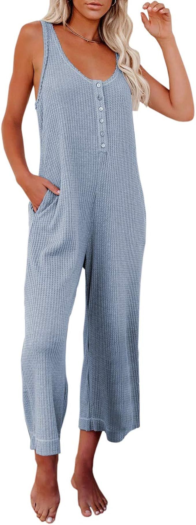 Women's Summer Scoop Neck Sleeveless Elegant Suspender Jumpsuit Rompers Button Waffle Knit Jumper... | Amazon (US)