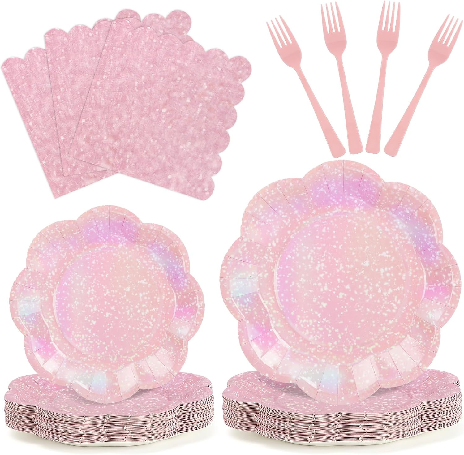 100pcs Light Pink Paper Plates and Napkins Party Supplies,Iridescent Disposable 9inch Plates,7inch Dessert Plates and Napkins and Forks,Holographic Tableware for Birthday Wedding Baby Shower,Serves 25 | Amazon (US)