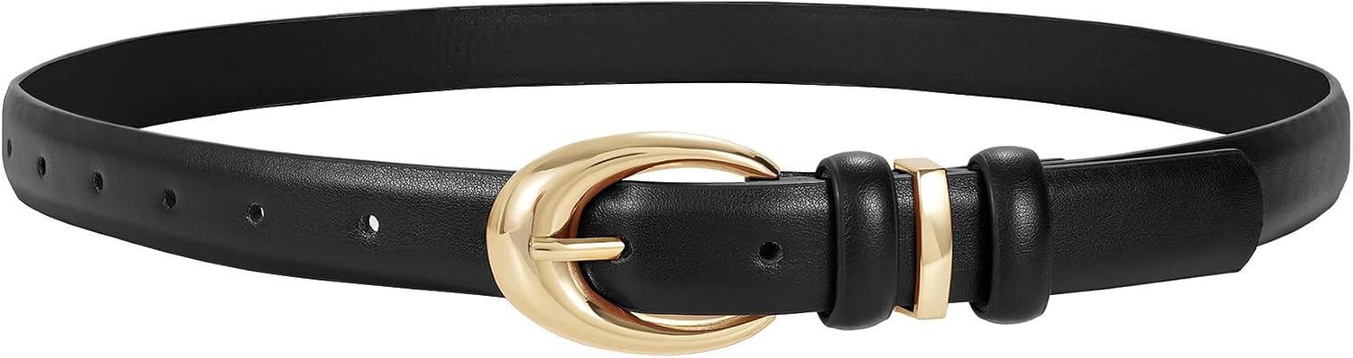 Women Leather Belt for Jeans Pants Fashion Ladies Skinny Faux Leather Dress belt with Gold Buckle | Amazon (US)