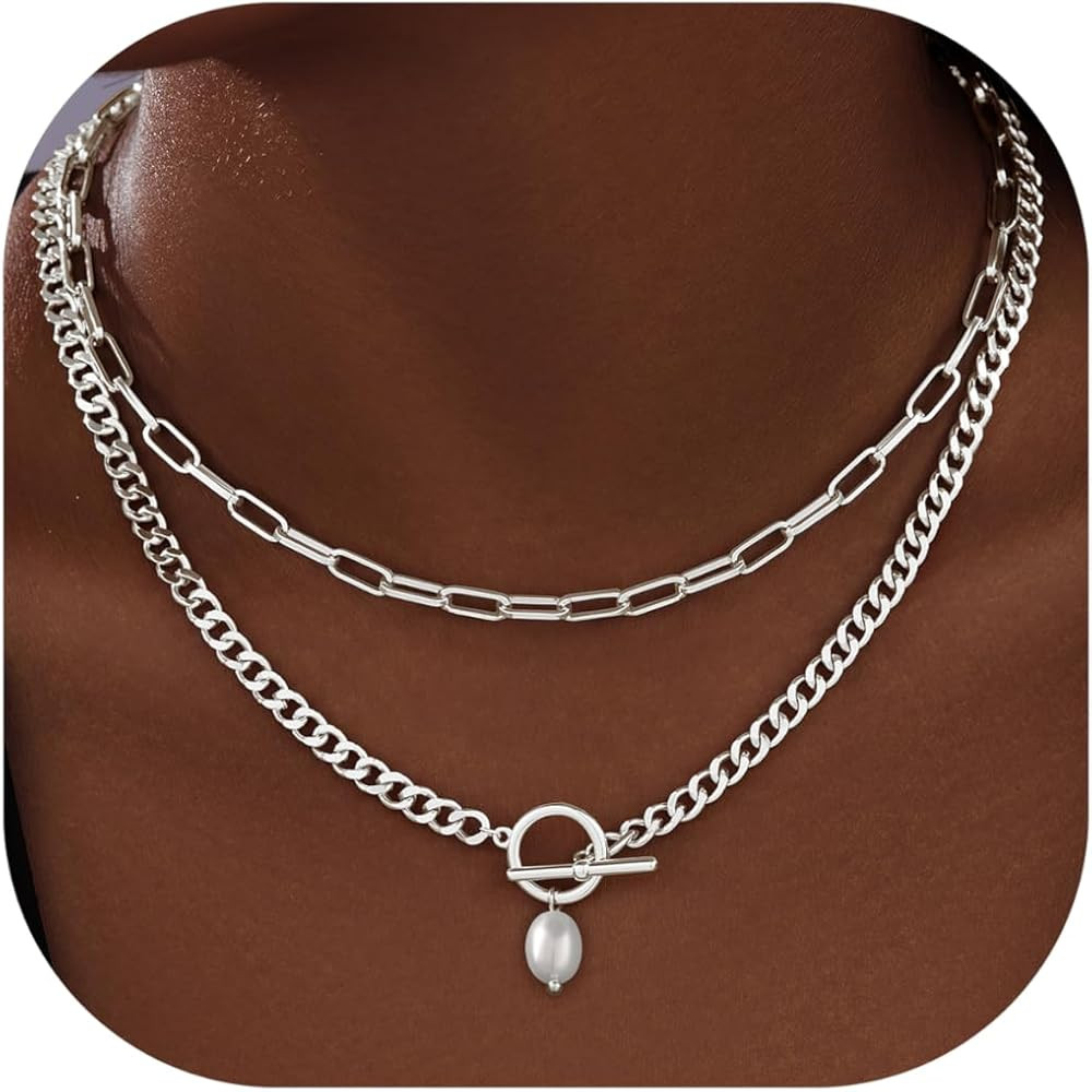 Chunky Gold Necklaces for Women Layered 14k Gold Silver Plated Heart Pearl Pendant Choker Necklac... | Amazon (US)