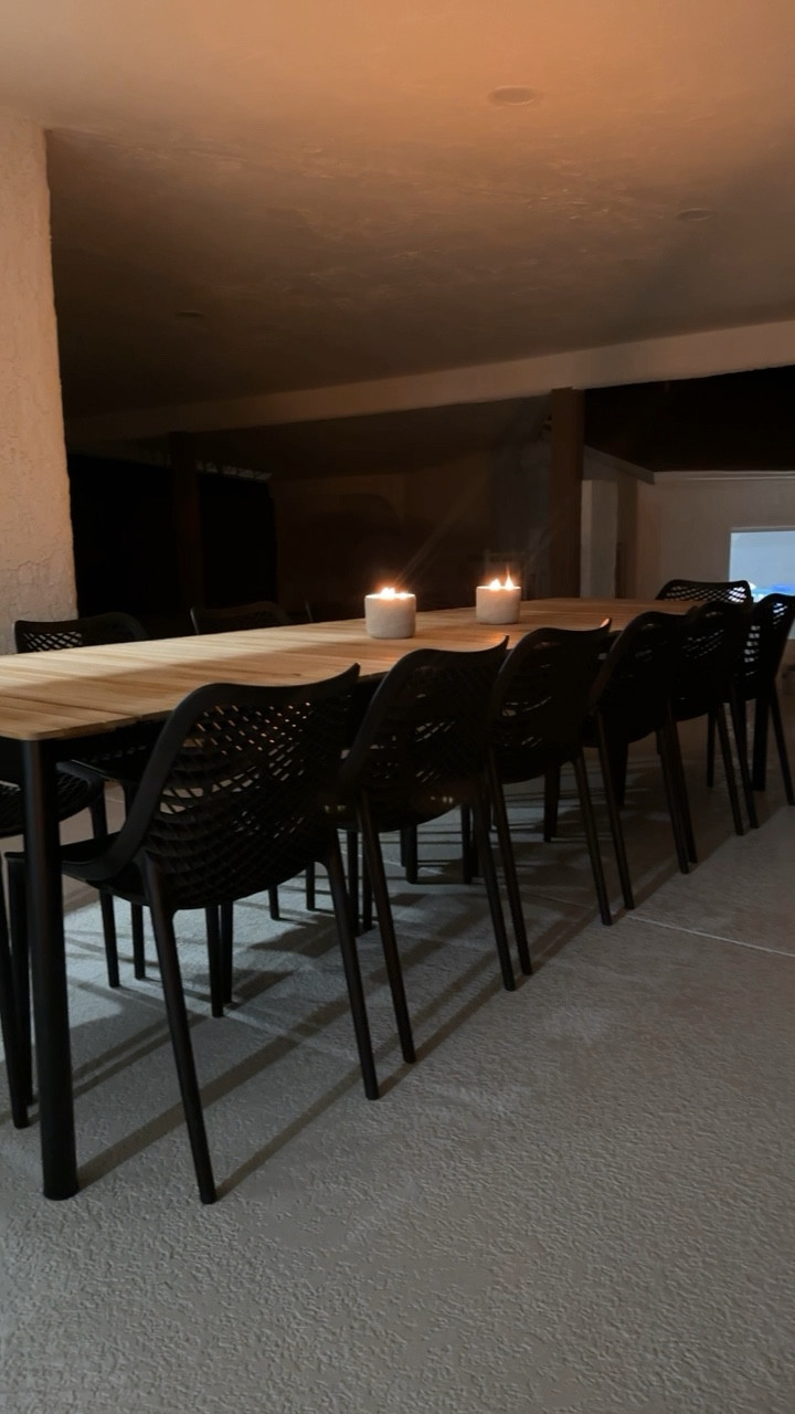 Large outdoor table with 14 chairs 
Chairs come in multiple colors and are stackable 

#LTKHome #LTKxWayfair #LTKStyleTip