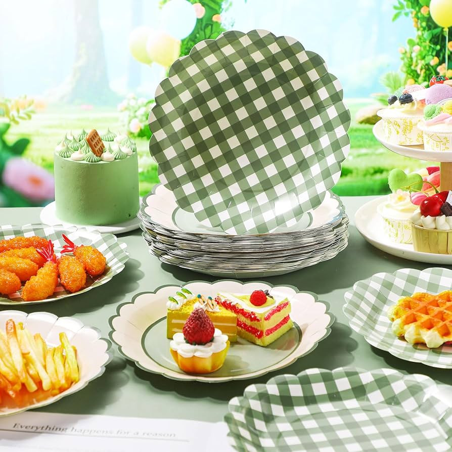 60 Pcs Sage Green Gingham Paper Plates 9 Inch Disposable Scalloped Checkered Plaid Dessert Dinner... | Amazon (US)