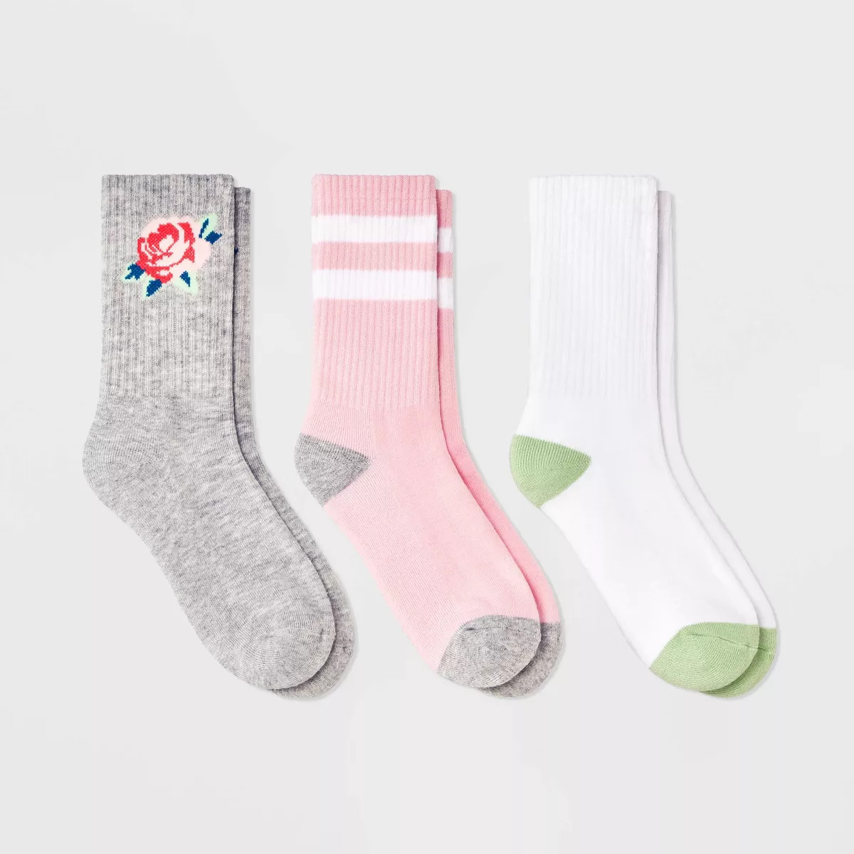 Girls' 3pk Rose Crew Socks - art class™ Gray/Pink/White | Target