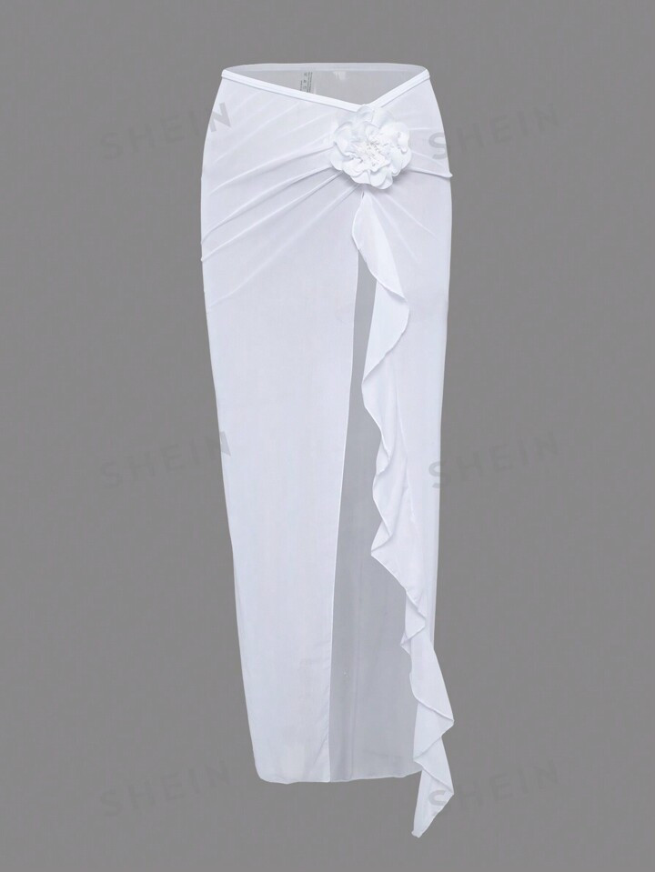 SHEIN X Lily May Mac Summer Beach 3d Flower Embellished Ruffles Cover Up Skirt | SHEIN USA | SHEIN