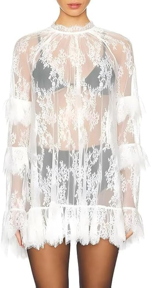 Amiblvowa Sheer Floral Lace Cape Dress Women Ruffle Hem Sexy See Through Short Dress Y2K Going Ou... | Amazon (US)