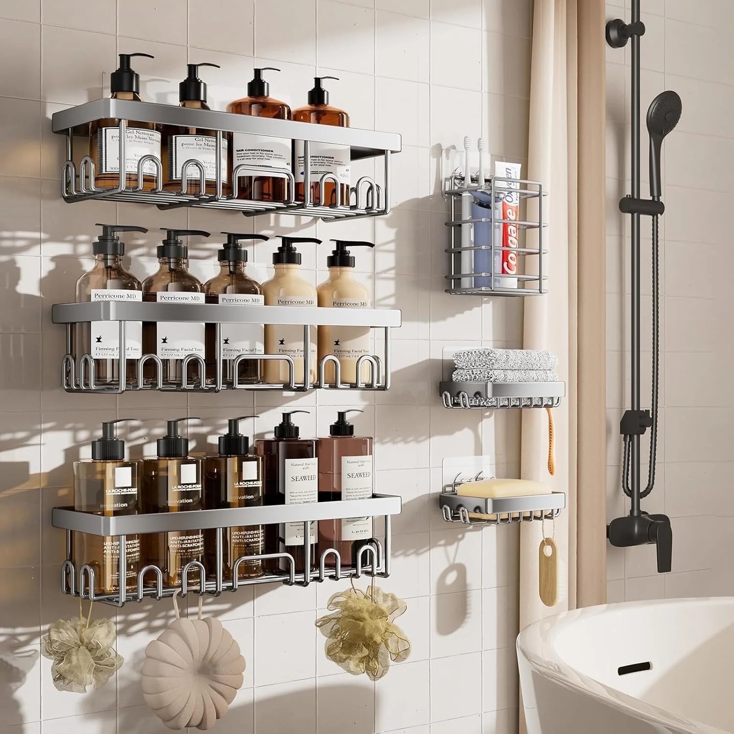 Ophanie Adhesive Shower Caddy 6 Pack, Large Capacity Bathroom Organizers and Storage, No Drilling... | Walmart (US)