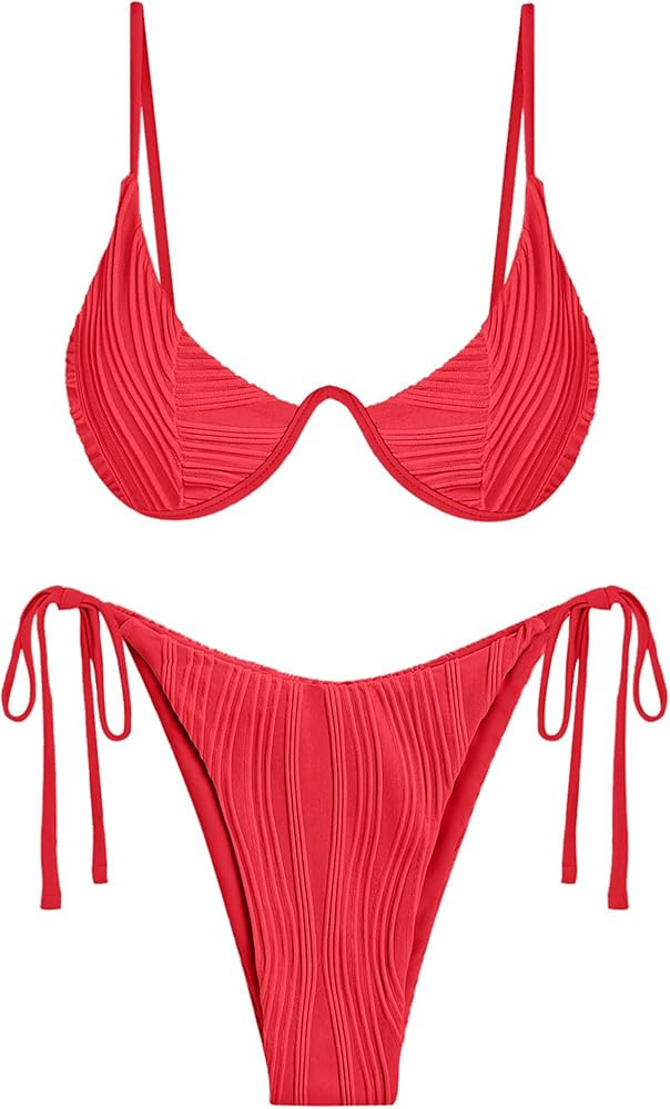 ZAFUL Women's Bikini Sets Ribbed Two Piece Swimsuits Underwire Adjustable Back Clasp Bathing Suit... | Amazon (US)