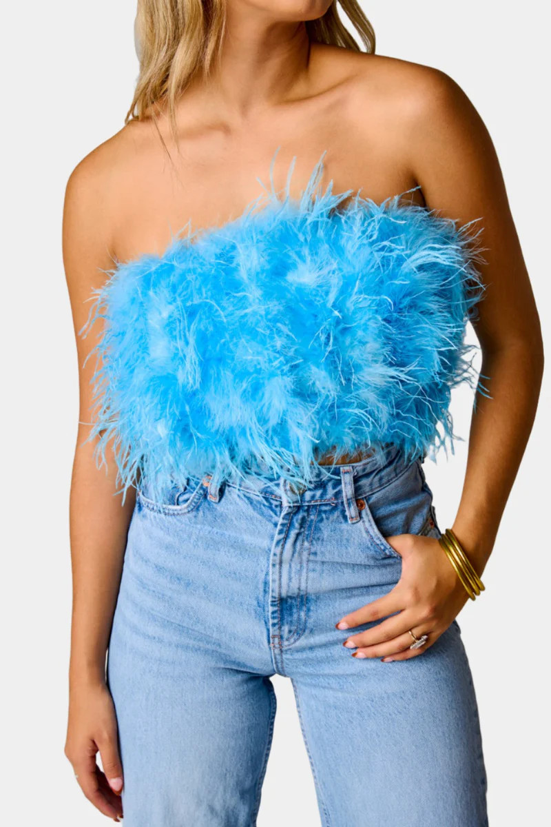 BuddyLove | Fancy Strapless Feather Crop Top | Azure Blue | BuddyLove