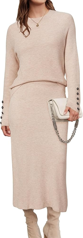 Arach&Cloz Women's Wool Blend Sweater 2 Piece Sets Business Lounge Long Sleeve Top Midi Dress Out... | Amazon (US)