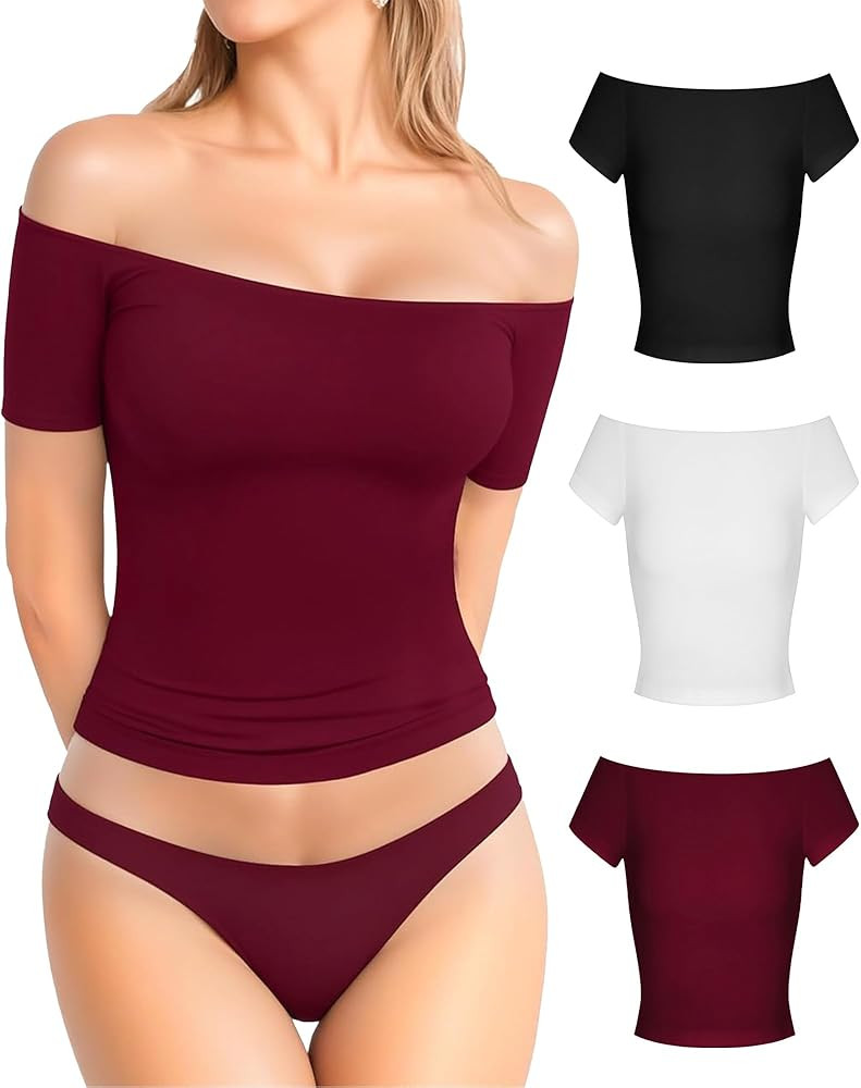 MANGOPOP Off The Shoulder Tops for Women Sexy Short Sleeve T Shirt Tops Slim Fitted | Amazon (US)