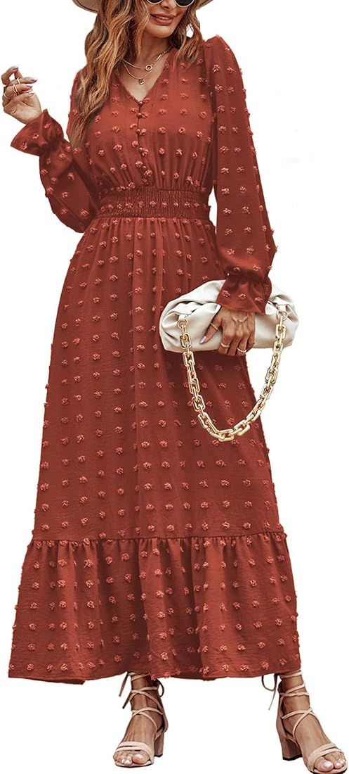 MASCOMODA Women Boho Maxi Dress Long Sleeve V Neck Swiss Dot Smocked High Waisted Button A-Line Ruff | Amazon (US)
