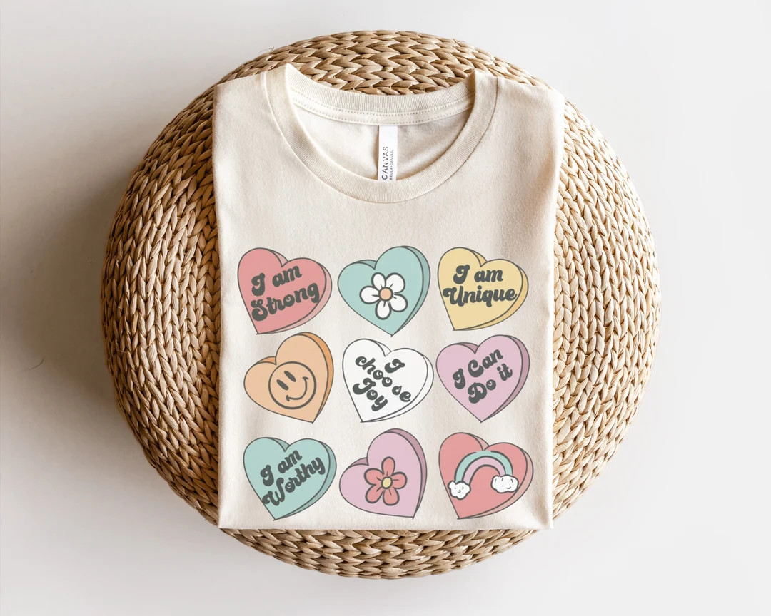 Positive Affirmations shirt, Candy Heart tshirt, Valentines Day tee, Conversation Hearts, Valenti... | Etsy (US)