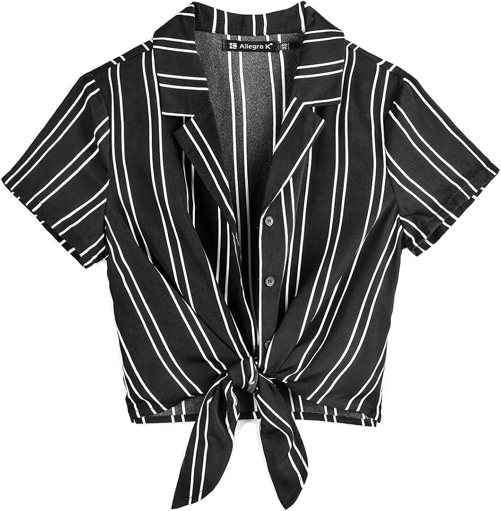 Allegra K Women's Striped Button Up Lapel Collar Top Short Sleeve Tie Front Crop Shirt | Amazon (US)