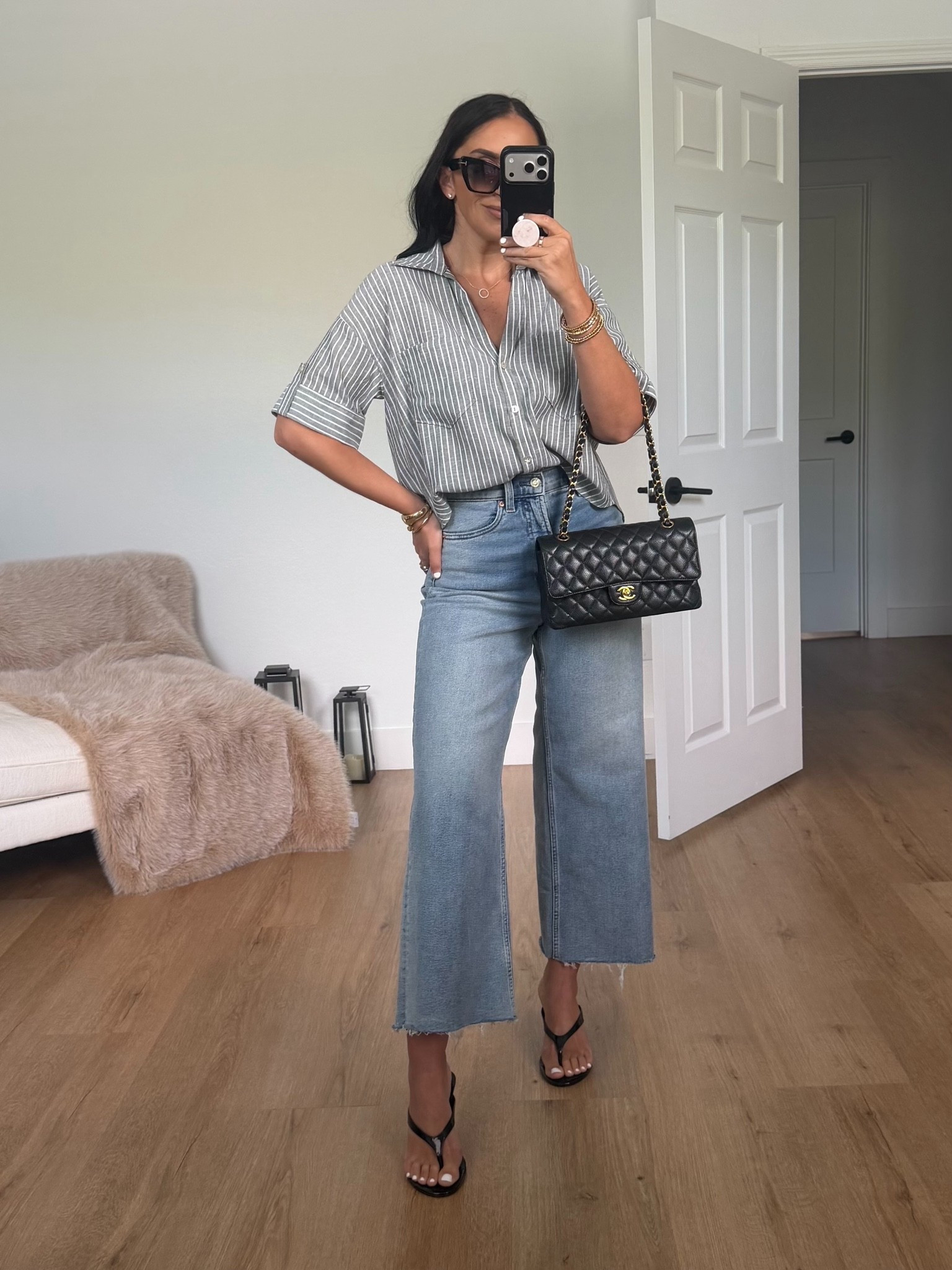 Zara Striped linen shirt wearing size small. Pistola jeans wearing size 27