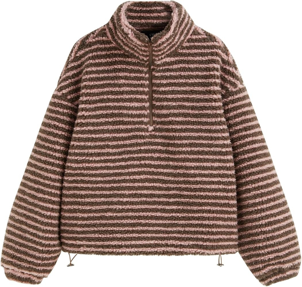 CIDER Fleece Half Zip Sweatshirt Stand Collar Striped Oversized | Amazon (US)