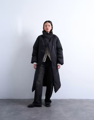 Funnel neck longline belted puffer jacket in black | Topshop