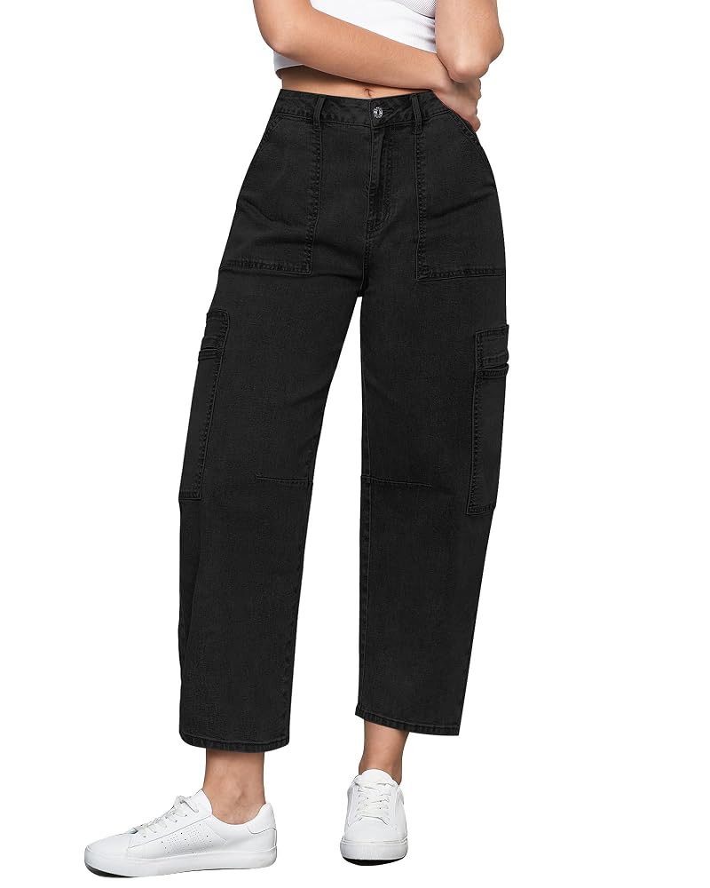 GRAPENT Barrel Jeans for Women Trendy High Waisted Cropped Cargo Pocket Baggy Stretch Denim Pants... | Amazon (US)