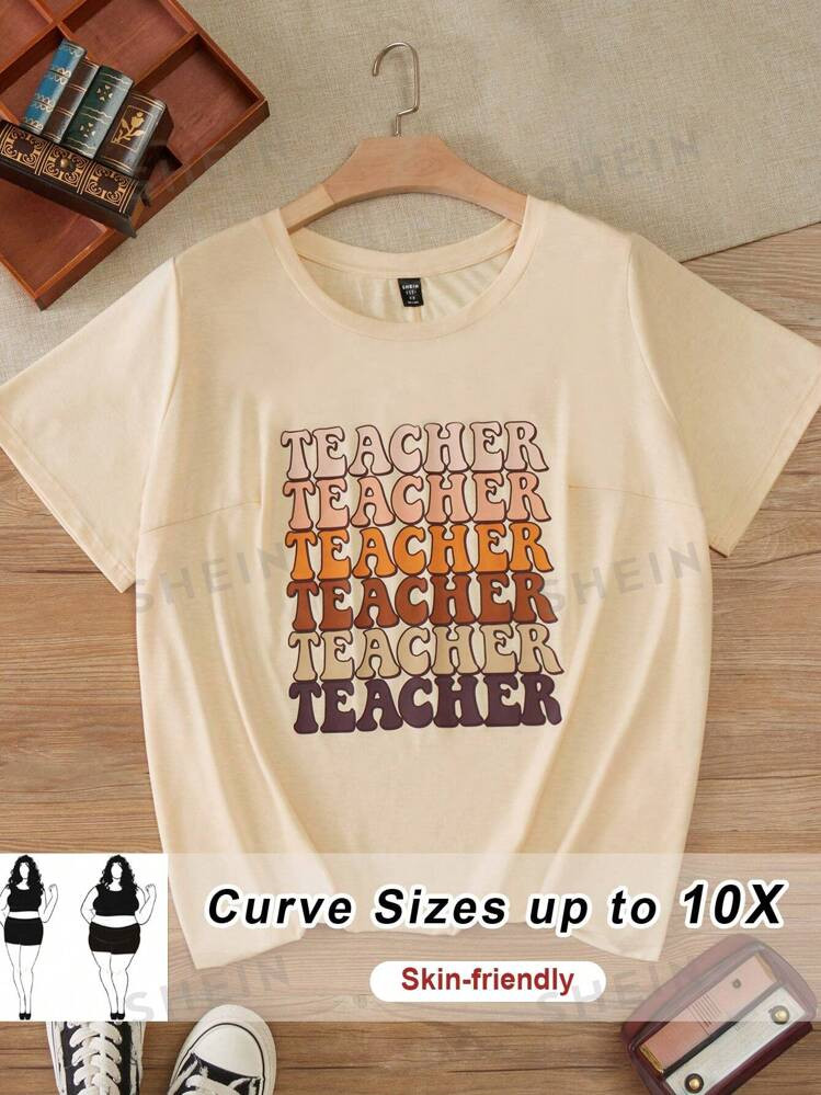 SHEIN CURVE+ Curve Plus Winter  Fall Casual Minimalist Pattern Round Neck Short Sleeve  T-Shirt,... | SHEIN