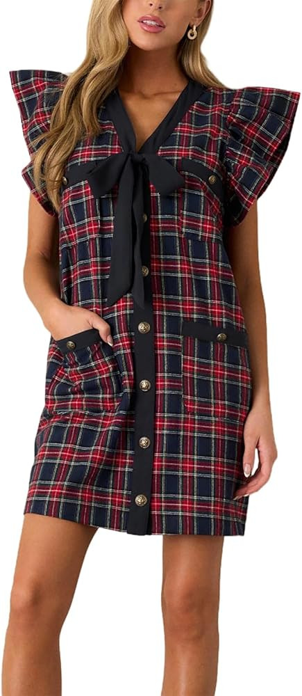 Women Plaid Mini Dresses V Neck Ruffle Sleeve Bow Button Front Shift Dress with Pocket | Amazon (US)