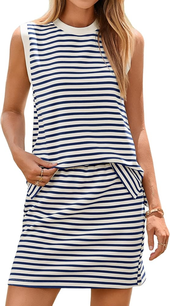 Glamaker Summer 2 Piece Short Skirt Sets For Women Striped Sleeveless Tennis Skorts Travel Vacati... | Amazon (US)